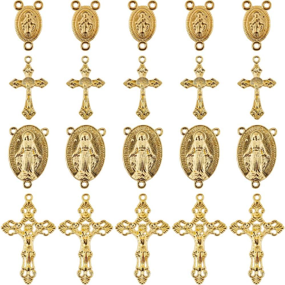 SUNNYCLUE 1 Box 40Pcs 4 Styles Gold Rosary Charm Rosary Cross Charms Easter Crucifix Oval Chandelier Links Findings Holiday Connector Charm for Jewelry Making Charms Supplies DIY Necklaces Crafts