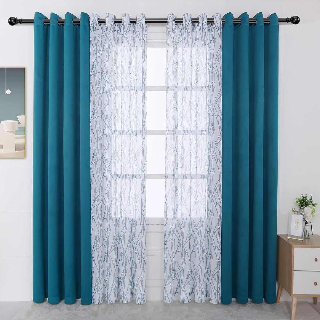 BONZER Mix and Match Curtains - 2 Pieces Branch Print Sheer Curtains and 2 Pieces Blackout Curtains for Bedroom Living Room Grommet Window Drapes, 54x108 Inch/Panel, Teal, Set of 4 Panels (54"W x 108"L (Pack of 4))