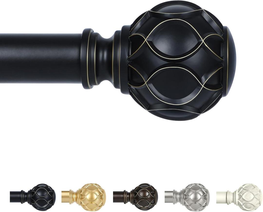 TANGWIN Black Adjustable Curtain Rods for Windows:36-88" Farmhouse Heavy Duty Curtain Rod for Bedroom Living Room, Boho Decorative Rustic Drapery Rods with Vintage Coastal Texture Finial, Matte Black