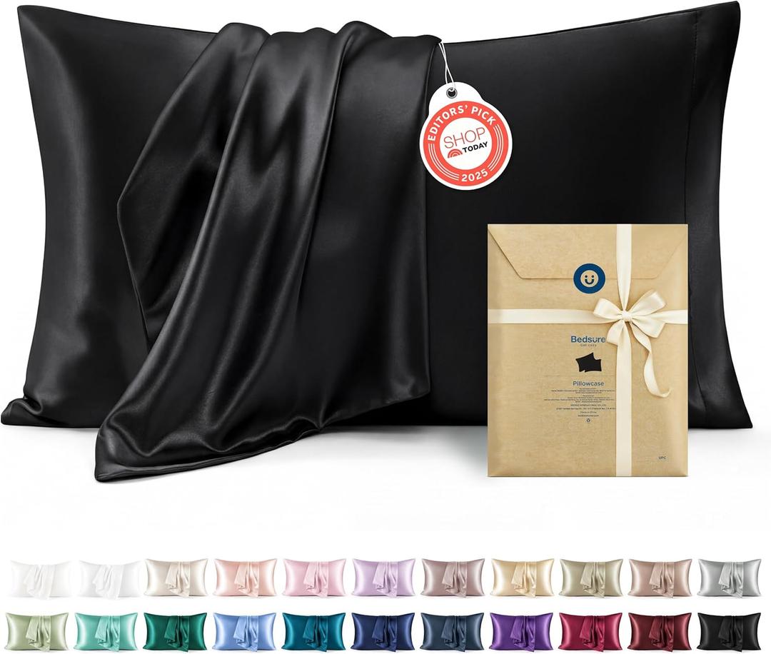 Bedsure Satin Pillowcase 2 Pack Similar to Silk Pillow Cases Standard Size, Pillow Case for Sleeping Women with Envelope Closure, Gifts for Women Men, Black, 20x26 Inches, 2pcs