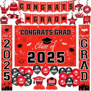 Graduation Decorations 2025, Graduation Decorations Set Class of 2025 Backdrop, Flag Banner, Porch Banner, Congrats GRAD Hanging Swirl, Balloons for Grad Party Decor (Red & Black)