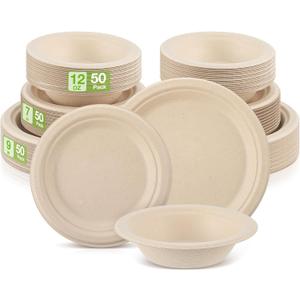 Havawish 150 Pcs Compostable Paper Plates and Bowls Set 7 Inch 9 Inch Disposable Plate 12oz Biodegradable Bowls for Party Dinner 50-person Bulk Party Supplies
