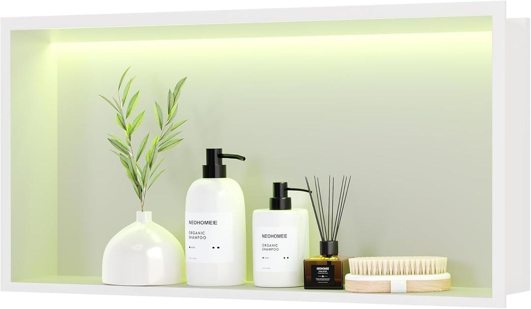 RGB LED Light Shower Niche, White 24X12 in Stainless Steel Wall Niche with Remote Control, Waterproof No Tile Needed Wall Niche for Bathroom Storage Over Mount Installation (24X12In)