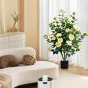 Artificial Camellia Tree 2 Pack 42" Faux Camellia Plant in Pot with 32 Blooming Flowers Fake Flower Tree Greenery Potted Plant for Indoor Outdoor Office Home Porch Decor Yellow