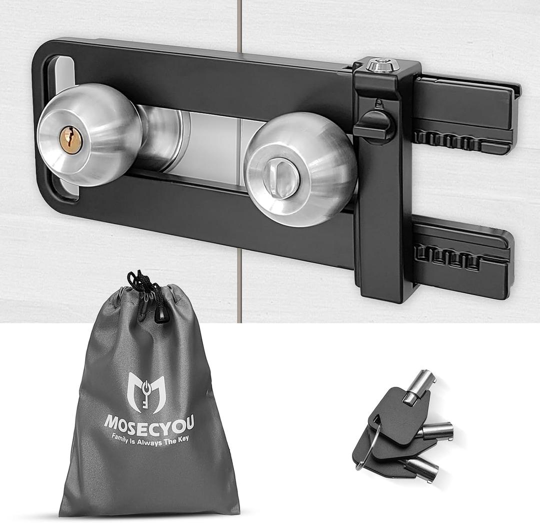 Double Door Locking Device, French Door Lock Security Barricade, Keyed Extra Door Lock for Doors with Double Handles/Knobs/Levers, All Metal Construction, Safety U-Shaped Bar Prevent Kick Ins