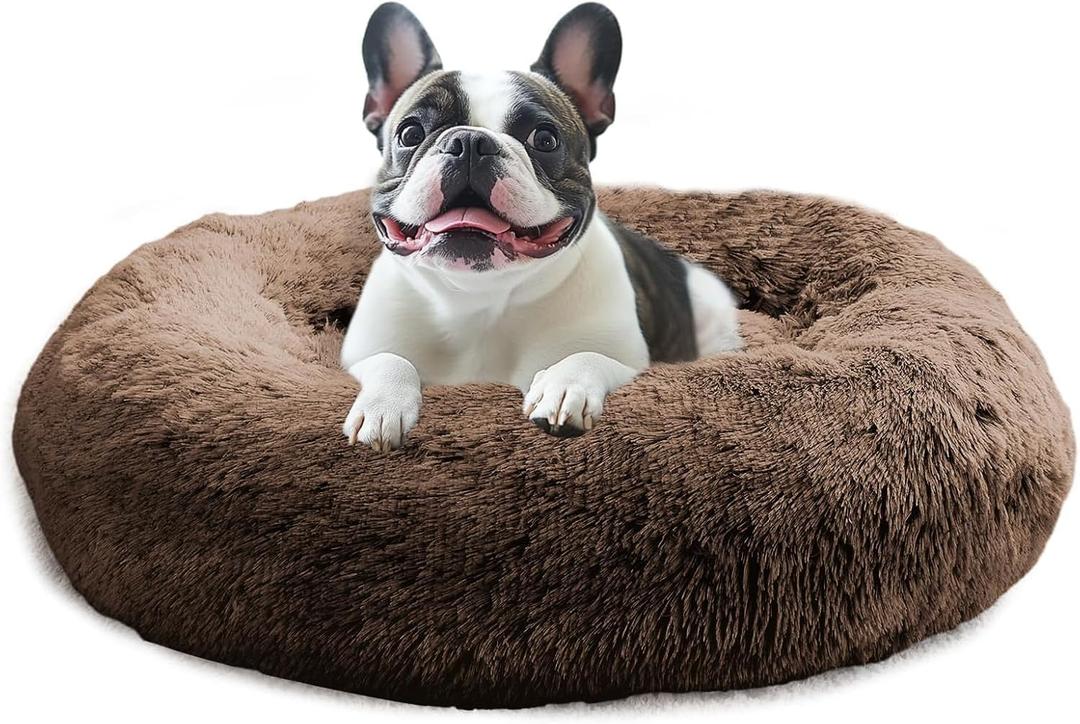 JOLLYVOGUE Calming Dog Beds Large Sized Dog, 36in Donut Washable Large Pet Bed, Anti-Slip & Anti-Anxiety Fluffy Faux Fur Round Dogs Bed, Fits up to 80 lbs Pets (Coffee)