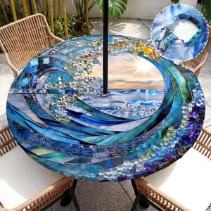 HunnmingRe Ocean Wave Round Outdoor Tablecloth with Umbrella Hole Zipper Waterproof Anti-Wrinkle Table Cover for Summer Patio Camping Party Car Rv Gardening Gifts Fit to 45"-53" Tables