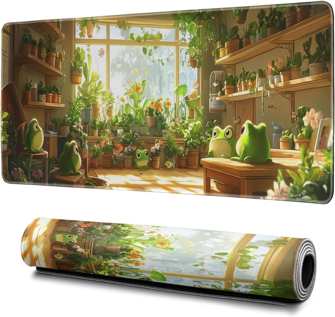 Cute Frogs Green Mouse Pad Abstract Green Mouse Pad 31.5x11.8 Inch Frog Texture Non-Slip Rubber Base Large Mousepad Stitched Edges Keyboard Mouse Mat Desk Pad for Office and Home