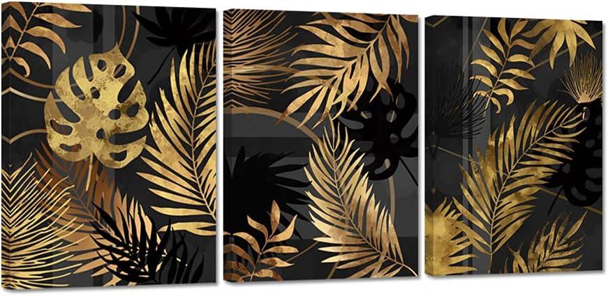 Zlove Black and Gold Bathroom Wall Art Modern Palm Leaves Picture Prints Tropical Botanical Canvas Artwork, 12"x16", 3Pcs