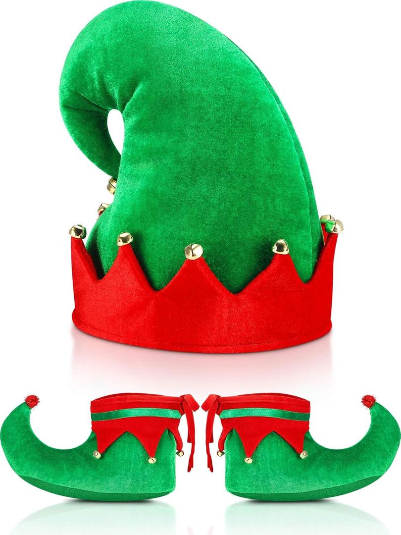SATINIOR Christmas Santa Elf Shoes and Hat Christmas Red and Green Costume Accessory Set