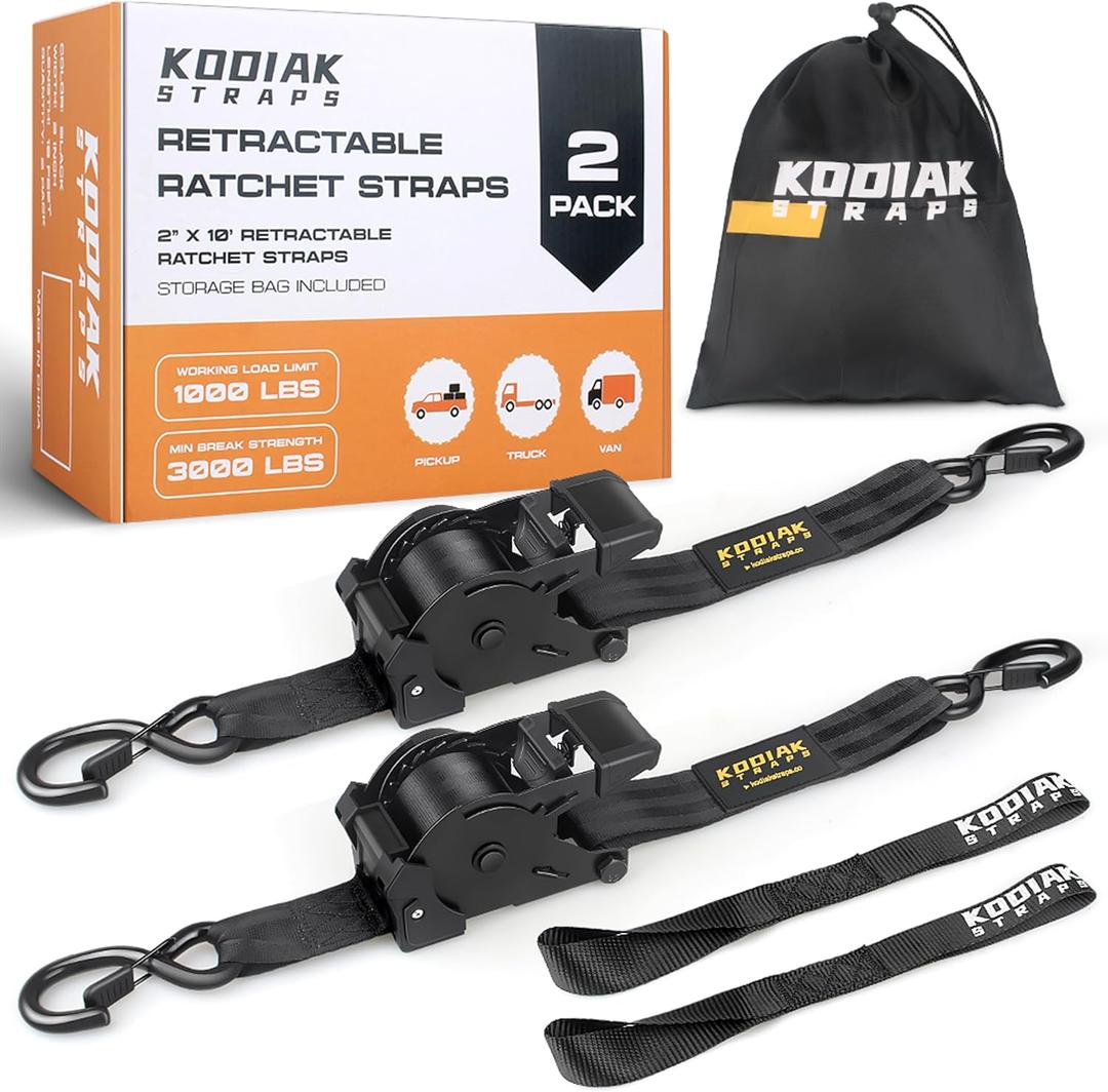 Retractable Ratchet Straps 2" x 10ft, 3,000lb Break Strength, Heavy Duty Easy Release Tie Down for Trucks, Trailers, Motorcycles, ATVs, Secure Cargo KODIAK STRAPS (Black, 2Pack)