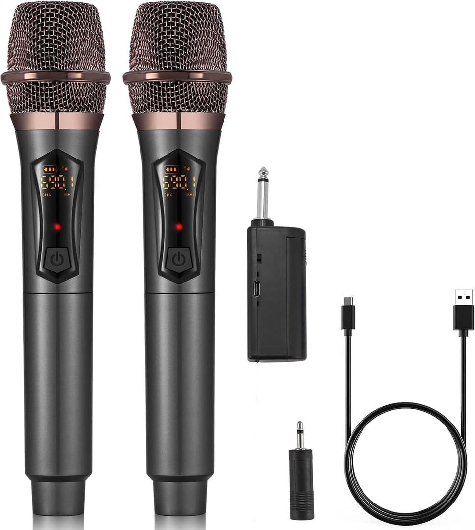 ALPOWL Wireless Microphones, Metal Dynamic Microphone System with Rechargeable Receiver, 50H Duration, 200ft Range, Microphone for Karaoke Singing, Wedding, DJ, Party, Speech, Church (Gray)
