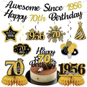 70th Birthday Decorations for Men Women, Black Gold Awesome Since 1955 Happy 70th Birthday Banner Swirls Cake Topper Party Supplies, Seventy Years Bday Honeycomb Centerpiece Sign Decor