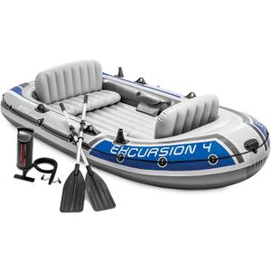 INTEX 68324EP Excursion 4 Inflatable Boat Set: Includes Deluxe 54in Boat Oars and High-Output Pump  Adjustable Seats with Backrest  Fishing Rod Holders  4-Person  1100lb Weight Capacity (Gray)