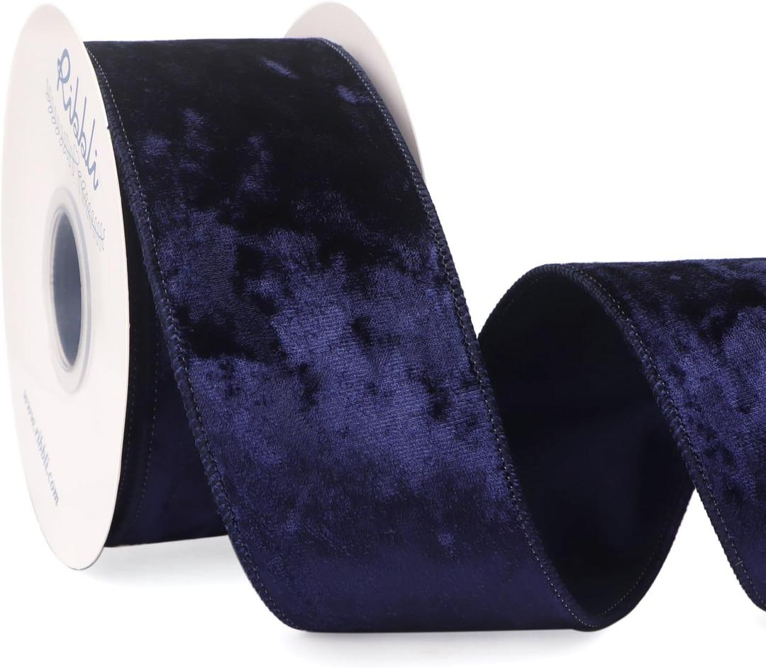 Ribbli Navy Blue Velvet Wired Ribbon 2.5 Inch Crushed Velvet Christmas Ribbon for Gift Wrapping Christmas Tree Decoration Crafts Wreaths Supplies-Continuous 10 Yards