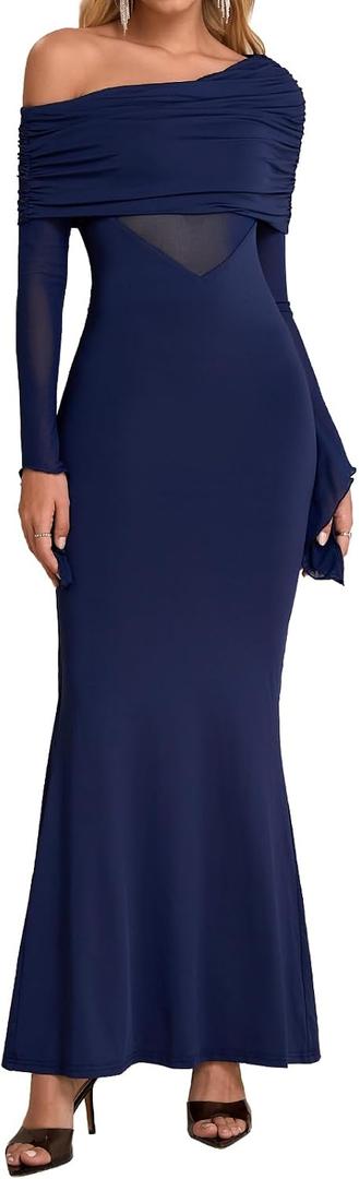 Women One Shoulder Long Sleeve Maxi Dress Bodycon Cut Out Long Formal Wedding Guest Dresses (S)