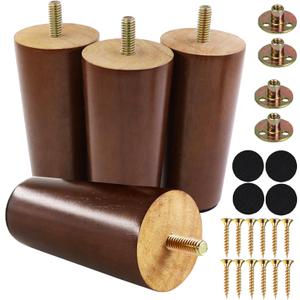 4 Inches Round Solid Wood Furniture Legs Set of 4, Brown Wooden Replacement Feet with Threaded 5/16'' Hanger Bolts for Sofa, Couch, Armchair, Cabinet, TV Stand, Ottoman and Dresser