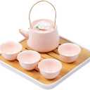 Japanese Porcelain Tea Set, Pink Kungfu Teapot Set with 1 Teapot, 4 Tea Cups, 1 Tea Tray, for Adults, Tea Lover/Women/Men/Office/Home (Pink)