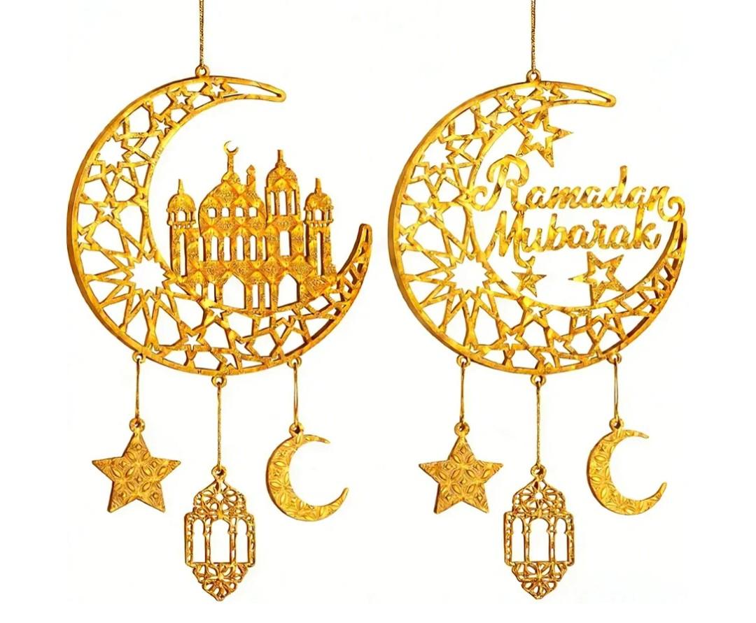 Ramadan Decorations, Ramadan Mubarak Moon & Mosque Wooden Hanging Decorations – Gold Crescent Moon & Star Decor, Eid Ramadan Decorations for Home Party Door Windows, Ramadan Wall Art Sign