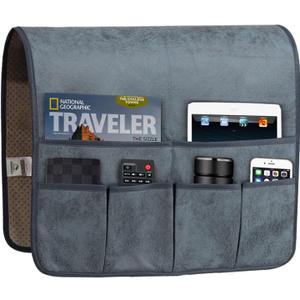 HAOMAIJIA Anti Slip Sofa Armrest Organizer Arm Chair Bedside Caddy Storage Organizer For Recliner Couch With 6 Pockets For Cell Phone Tv Remote Control Magazines, Grey Blue