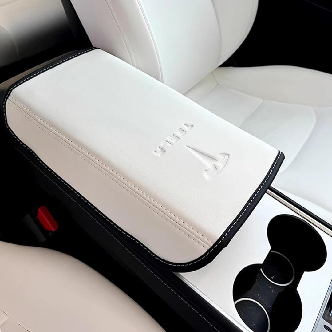 Armrest Cover Designed for Tesla Model 3/Y 2017-2023 2024, Leather Center Console Armrest Box Cover Anti-Scratch Protector Pad Interior Accessories for Tesla Model 3 Model Y 2017-2024 (Gravure White)