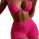 COZYEASE Women's 2 Piece Swimsuits Halter Triangle Top with High Waisted Shorts Bathing Suits Bikini Sets (Hot Pink), Small