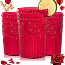 Ciaell 12 Pack Romantic Plastic Water Glasses - 14 Oz Red Vintage Drinking Glasses, Embossed Ribbed Plastic Cups, Textured Striped Set for Juice, Beverages, Beer, Cocktail & Valentine's Day