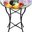 MUMTOP Glass Bird Baths for Outside, 16 Inch Width Outdoor Garden Hummingbird Butterfly Bird Bath Bowl with Solar Light and Metal Stand, Large Glass Birdbath Bird Feeder for Yard Decor, 20 Inch Height (Orange-Green)