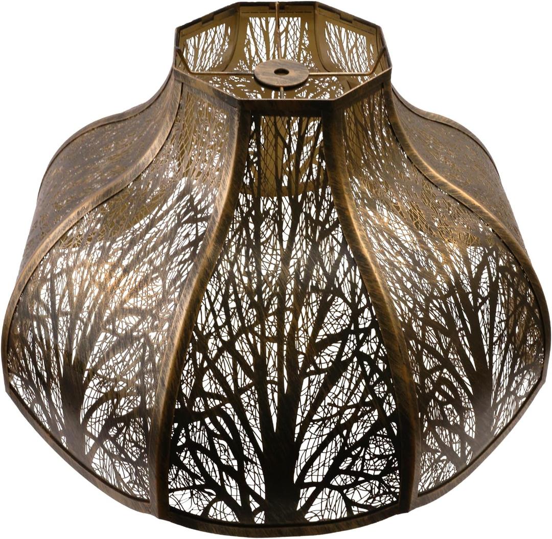 ALUCSET Octagonal Large Lampshade, Lotus Shaped Etched Forest Metal Lamp Shade Replacement for Table and Floor Light Cover, Antique Bronze and Gold, 6" Top x 17" Bottom x 11" High Large Lampshades