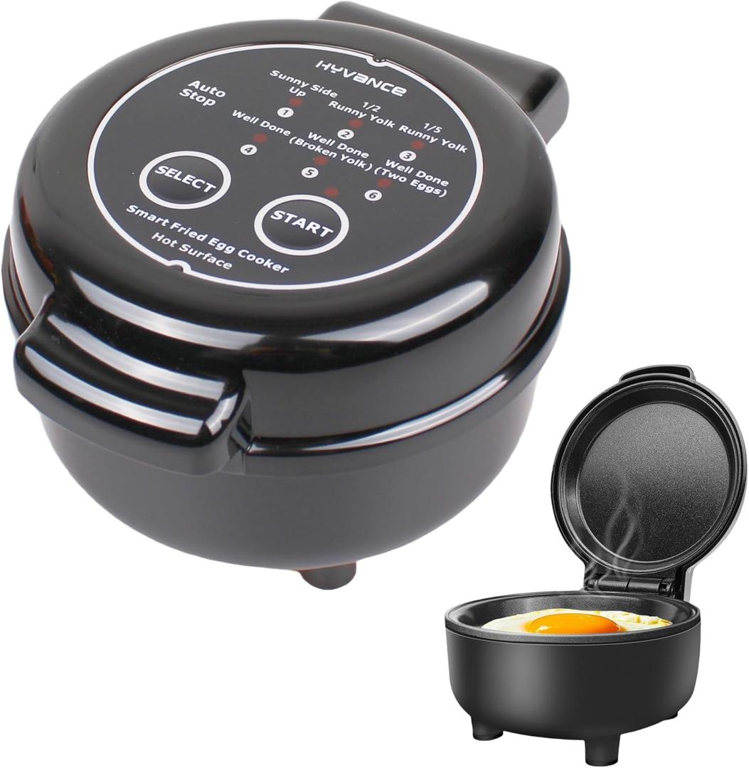 Hyvance Smart Fried Egg Cooker, Automatic Fried Egg Maker for 6 Features like Sunny Side Up, Over Easy, Fully Cooked & More Auto Power Off, Alarm, Round Shape, Non-Stick Coating (Black)