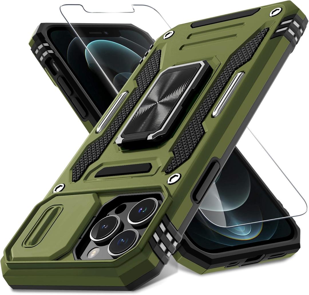 DEERLAMN Case for iPhone 12 Pro Max with Slide Camera Cover+Screen Protector(1 Pack),Rotated Ring Kickstand Military Grade Shockproof Protective Cover 6.7 Inch-Olive Green