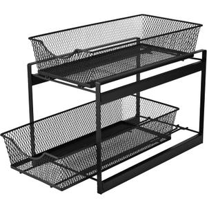 IBERG Under Sink Organizer - 2 Tier Versatile Mesh Metal Organizer, Ideal for Kitchen, Bathroom & Pantry Organization and Storage (Black)