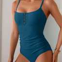 B2prity One Piece Swimsuit for Women Tummy Control Retro Bathing Suit Button Up Slimming Swimwear (Blue, XL)