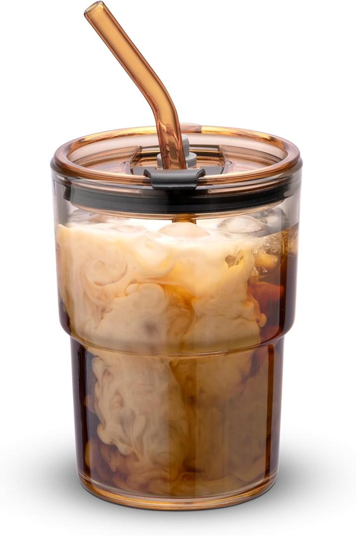 13oz/400ml Tumbler Water Glass, Cups with Straw and Lid Sealed Carry on for Coffee, Iced Tea, Thick Wall Insulated Glass Cup (Amber)