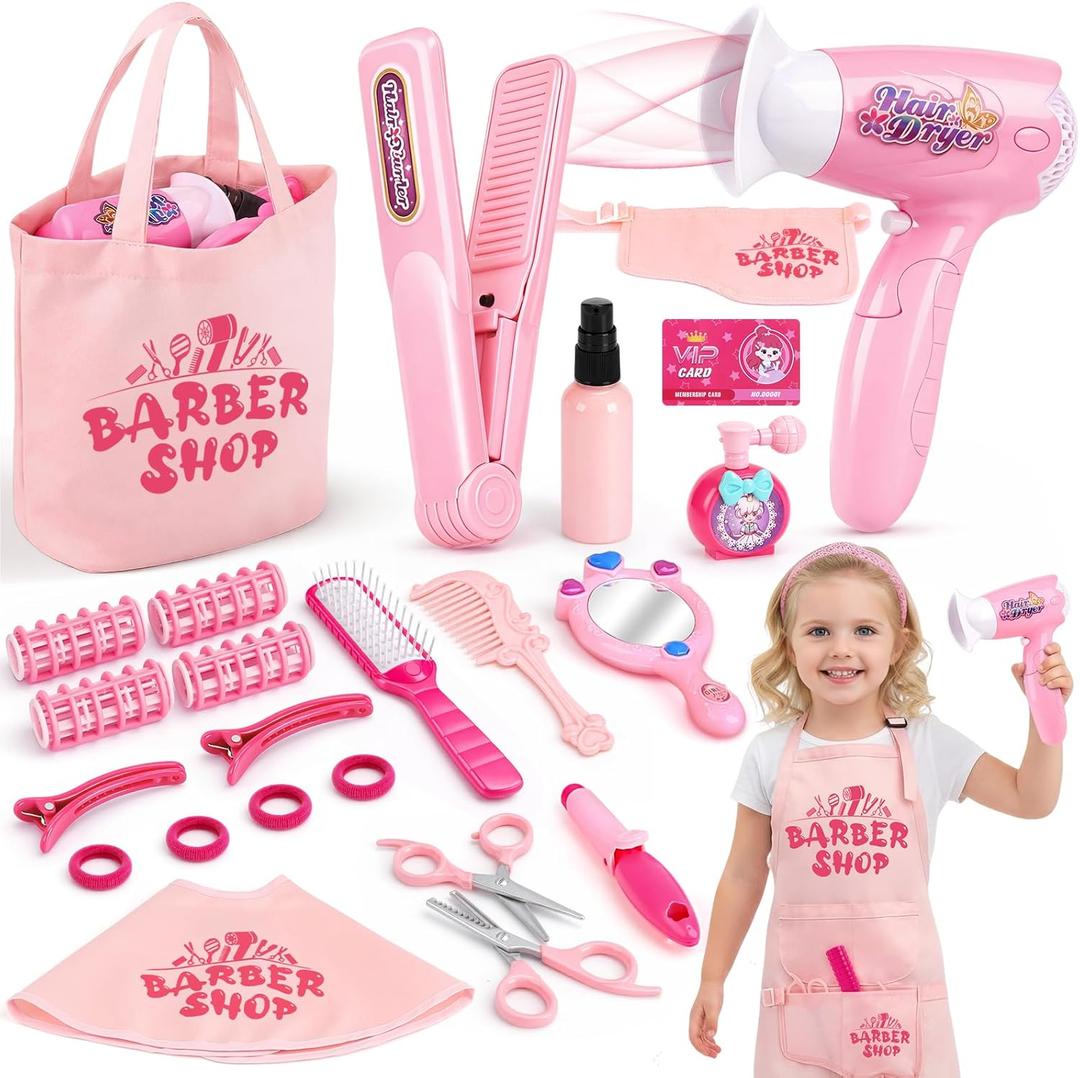 Sanlebi Hair Salon Toys for Girls, 25 Pc Pretend Play Styling Toy Set for Kids 3-6 with Hair Dryer, Barber Scissors and Stylist Accessories, Christmas & Birthday Gift for Girls