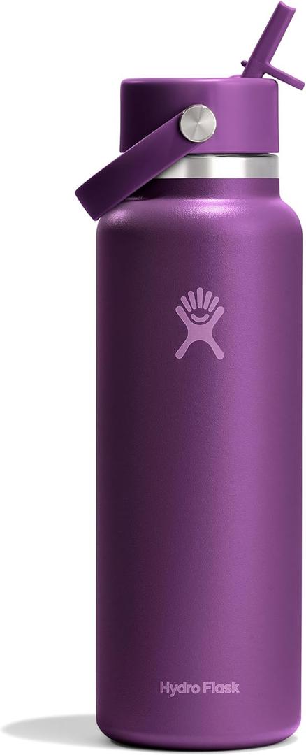 Hydro Flask Water Bottle - Insulated Stainless Steel - Wide Mouth Flex Straw Lid, Non Spill, Leakproof and Refillable in 40 Oz Beachplum Purple