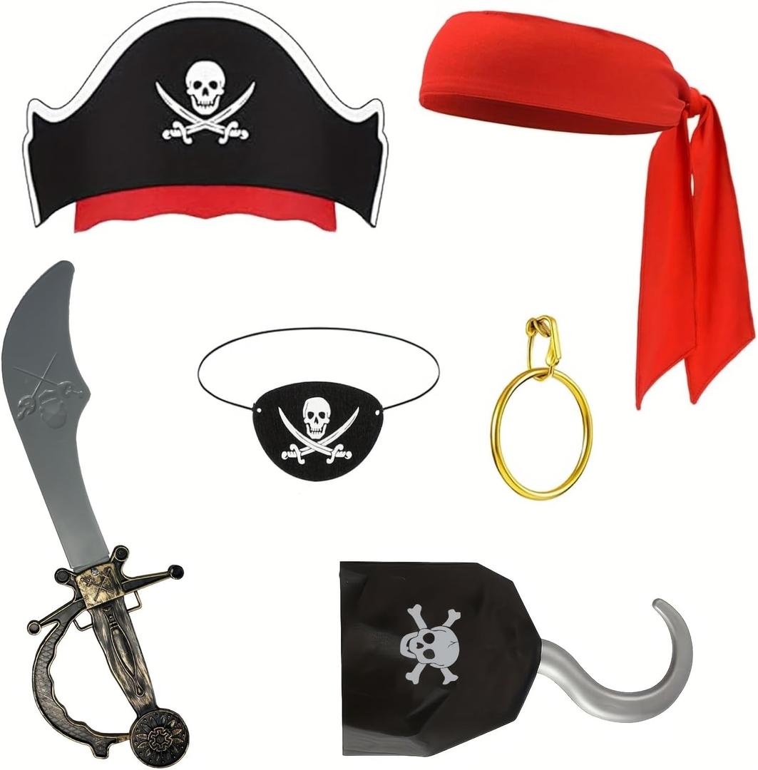 6 Pcs Pirate Accessories Kit for Men with Hat, Bandana & Pirate Eye Patch Captain Hook for Adult Halloween Party Supplies