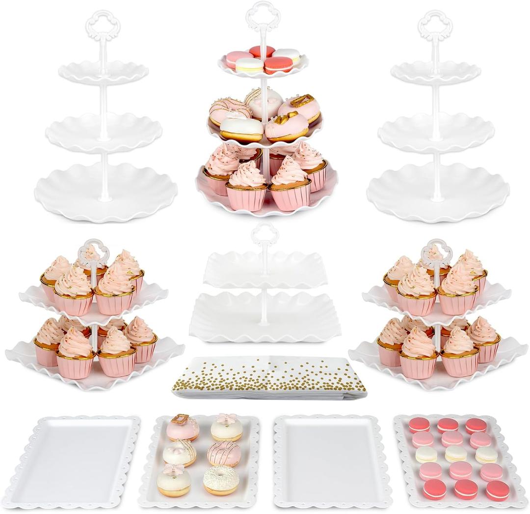 Pack of 10 NWK Cake Stand Set, with 3 x Two-Tier and 3 x Three-Tier Cupcake Stands, 4 x Appetizer Trays, 1 x Tablecloth for Birthday Bridal Baby Shower Party (White)