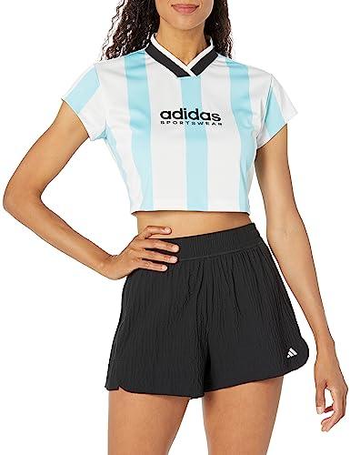 adidas Women's Tiro Colorblock Cropped Tee, White/Light Aqua, X-Large