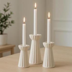 Honeydak Set of 3 Ceramic Taper Candle Holder Cream White Candlestick Holder Fluted Candle Stick Stand Boho Nordic Modern Decorative Table Centerpiece Wedding Home Dinner Party Housewarming Gift