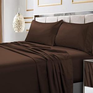 Tribeca Living Bed Sheet Set, Soft Egyptian Cotton Sateen Solid Sheets and Pillowcase Set, Deep Pocket, 600 Thread Count, 6-Piece Luxury Bedding, King, Chocolate