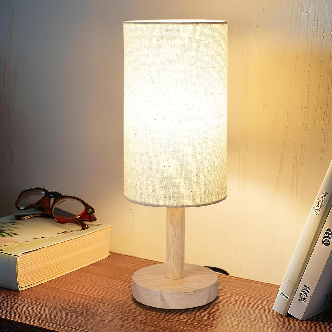Small Table Lamp for Bedroom, Nightstand Lamp Linen Lampshade Bedroom Wood Base Small Bedside Lamp for Night Stands, Desk Lamps for Reading Living Room, Office (LED Bulb Included) (Wood Base)