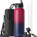 Water Bottle 40 oz Insulated with Straw&Brush, Coolflask Vaccum Stainless Steel Metal 3 Lids Water Flask for Sports, Gym or Office, Keep Cold 48H Hot 24H, Ombre /Navy