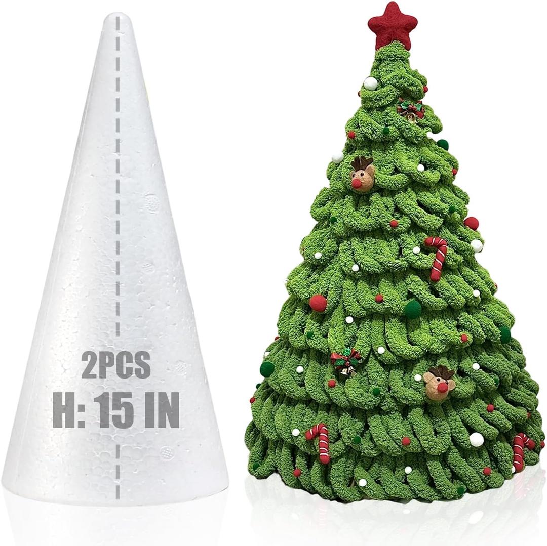 2 Pack Craft Foam Tree Cones, 15x5in Styrofoam Cones for Craft, White Large Polystyrene Foam Cones for Craft Use for DIY Art Projects, Christmas Tree Holiday Decor and Holiday Gnomes (15 * 5in-2pc)