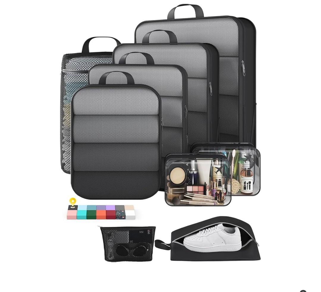 9/11 Set Compression Packing Cubes for Travel Essentials,Compressible Expandable Large Luggage Suitcase Organizer Bags for Clothing,Durable Space Saver Storage Bags with Toiletry Bags(Black)