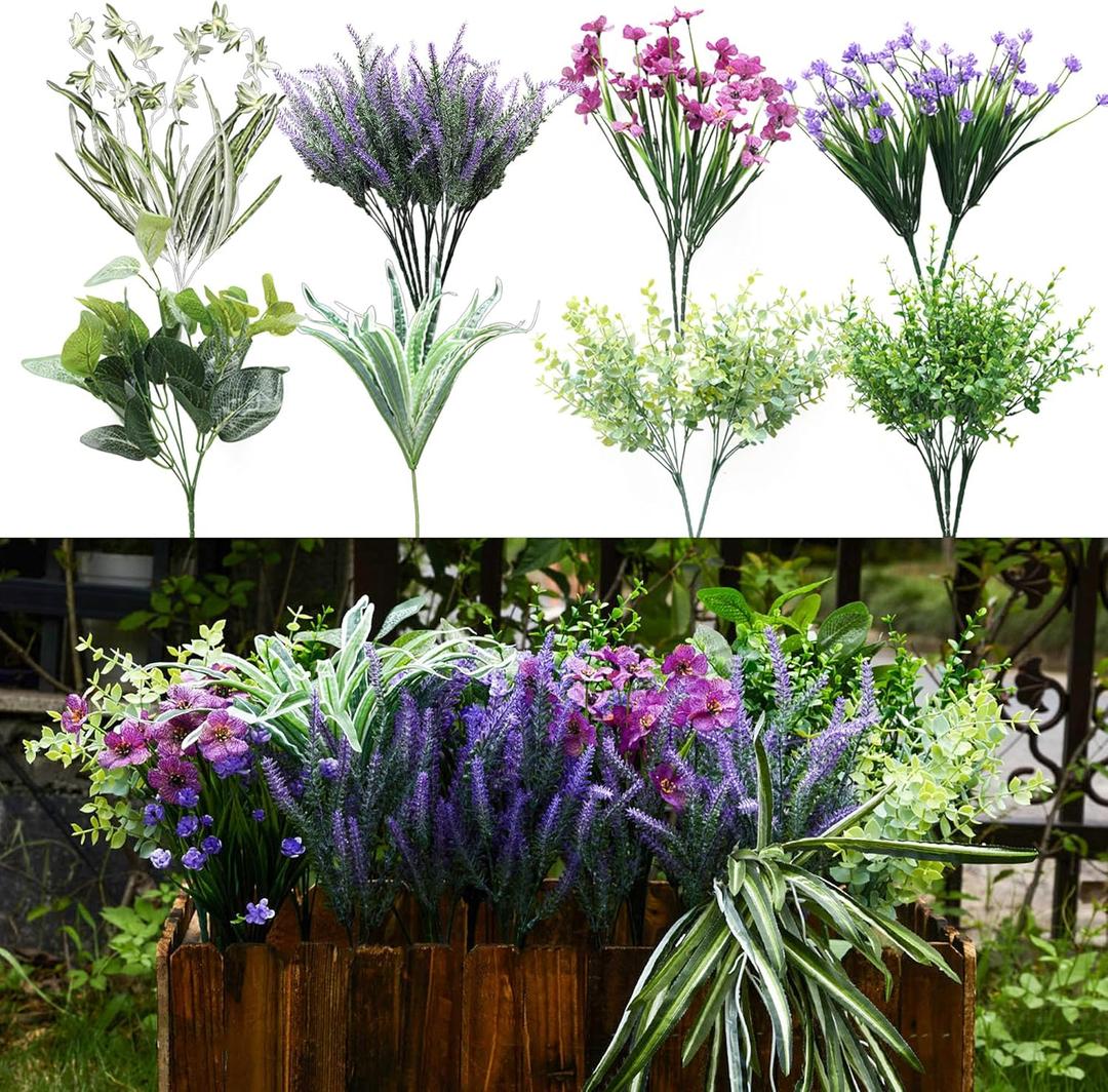 PARTY JOY 19 Bunches Fake Plants Outdoor, Fake Bushes UV Resistant Artificial Lavender Flowers Greenery Shrubs Faux Greenery for Outdoor Garden Patio Front Porch Yard Decor, Lavender Green