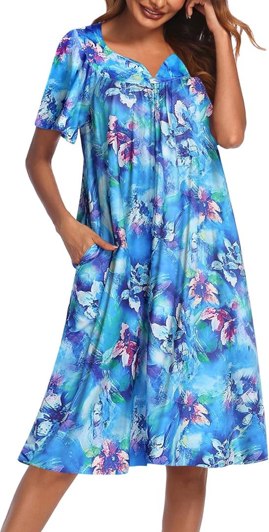 Ekouaer Women's House Dress with Pockets (Large, Aqua Multi)