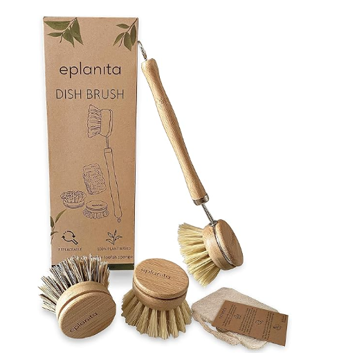 eplanita Natural Dish Brush, 3 Replacement Heads, Kitchen Eco Bamboo Scrubber Brushes, Extra Plant Sponge, Plastic Free Washing Up, Zero Waste Cleaning