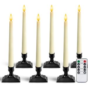 Homemory Wax Window Candles with Remote Timer Dimmer, Battery Operated Candlesticks with Holders, Christmas LED Candlesticks for Window Home Part Decor, 6 Pcs Ivory