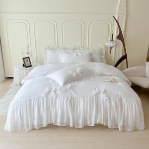 Chic Lace Bedding,Girls Twin Aesthetic Comforter Cover Set,Romantic French Princess Style Ruffled Duvet Cover with Lovely Bow with Zipper Closure-White,Twin